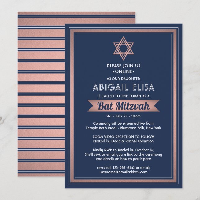 Virtuella zoom Bat mitzvah flottan blå Rosa ros Gu Inbjudningar (Fram/baksida)