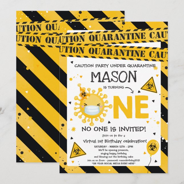 Virtuellare 1:a födelsedagen Party karantän 1:a fö Inbjudningar (Fram/baksida)