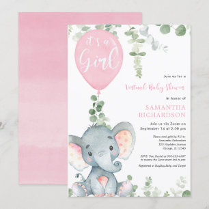 Virtuellare babydusch Elephant rosa ballonger flic Inbjudningar