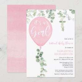 Virtuellare babyduschflicka rosa ballonger eucalyp inbjudningar