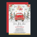 Virtuellare babyskal för Red Guld Winter Helgdag Inbjudningar<br><div class="desc">Inbjudan till virtuellare barndusch med vibrerande rödballonger och guld-ballonger,  vattenfärgade gräs-träd,  snöskogarnas landskap och en chic vintage bil</div>