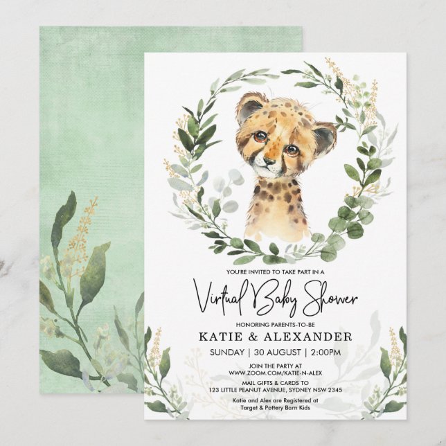 Virtuellare babyskor Grey Guld Safari Leopard Inbjudningar (Fram/baksida)