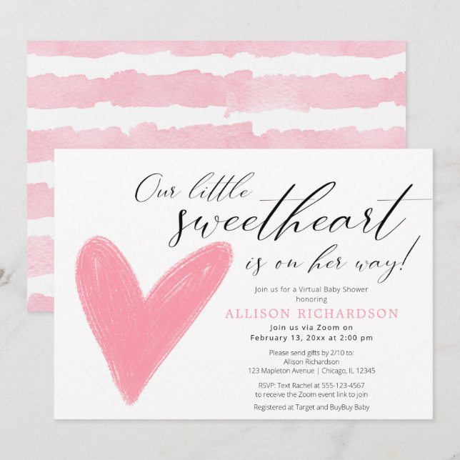 Virtuellare babyskor Modern Valentines rosa vit Inbjudningar (Fram/baksida)