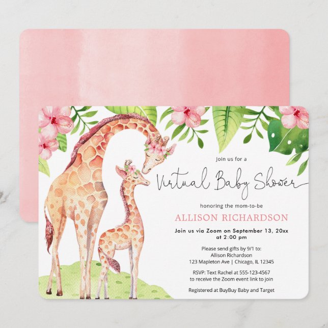 Virtuellare babyskor söt giraffe safari flicka inbjudningar (Fram/baksida)