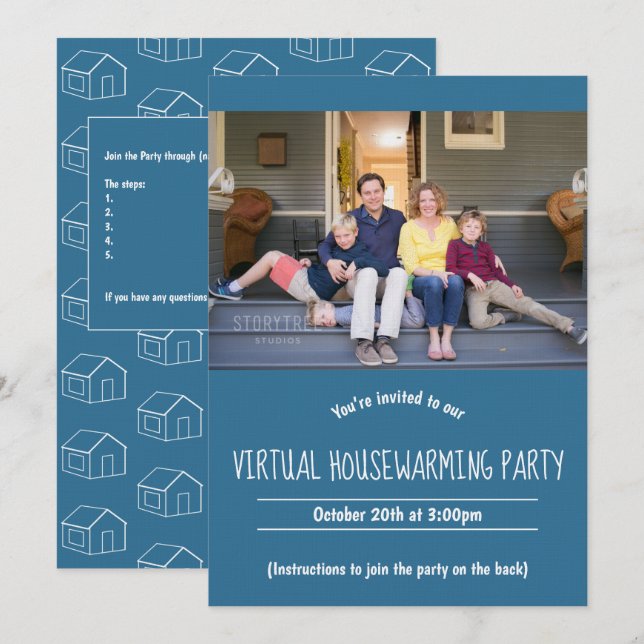 Virtuellare blåvit inbjudan till fotografi av hush (Fram/baksida)