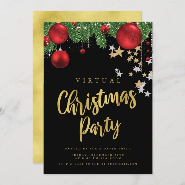 VIRTUELLARE Guld Red Black Julens Julfest Inbjudningar (Fram/baksida)