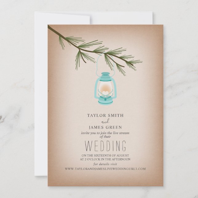 Virtuellare Live Stream Bröllop Blue Lantern Everg Inbjudningar (Framsida)