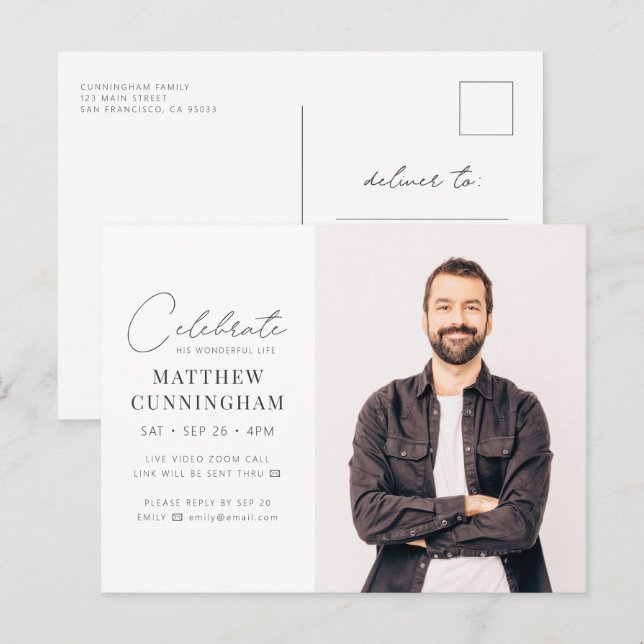 Virtuellt fira hans liv Modern Simple Photo Inbjudan Vykort (Fram/baksida)