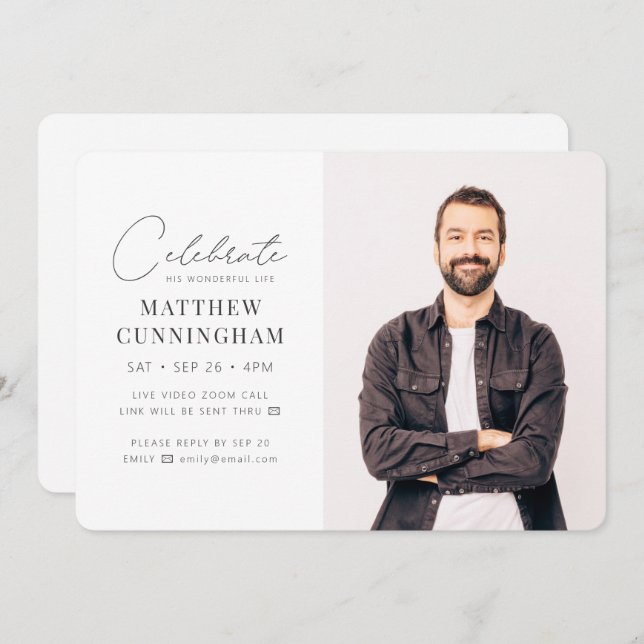 Virtuellt fira hans liv Modern Simple Photo Inbjudningar (Fram/baksida)