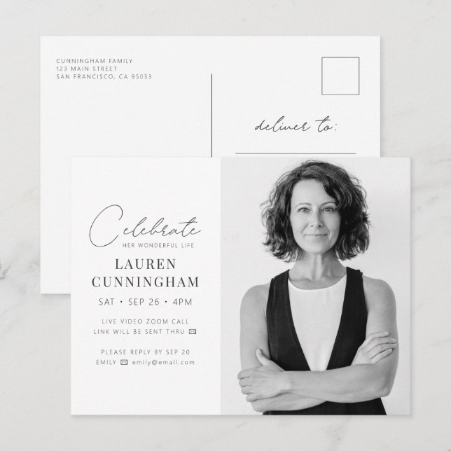 Virtuellt fira hennes liv Modern Simple Photo Inbjudan Vykort (Fram/baksida)