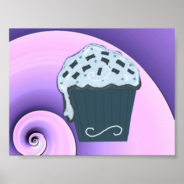 Virvlande lila och blå cupcake-design på affisch (Framsidan)