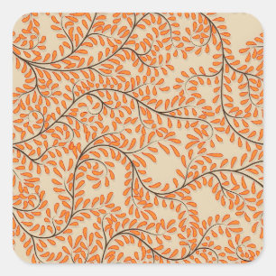 Virvlande orange blad på beige bakgrund fyrkantigt klistermärke