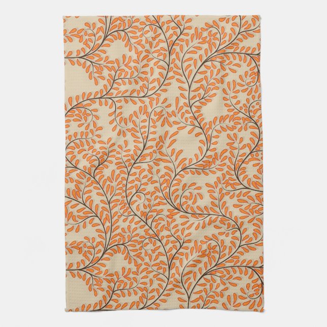 Virvlande Orangeblad på Beigfärgad Bakgrund Kökshandduk (Vertikal)