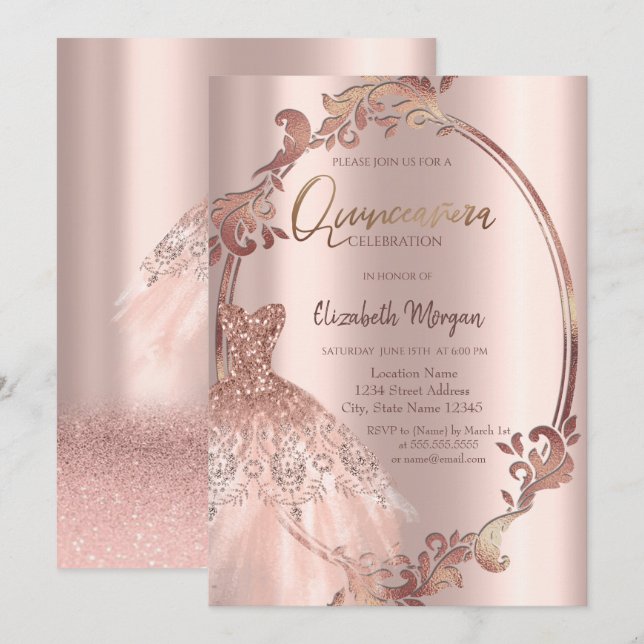 Virvlar Ram Rosa Guld Glitter Klänning Quinceañera Inbjudningar (Fram/baksida)