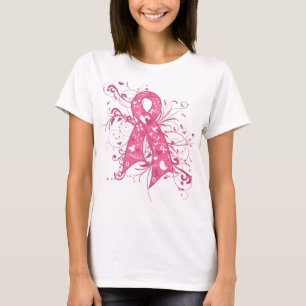 Virvlar runt det rosa blom- bandet för bröstcanc t-shirt