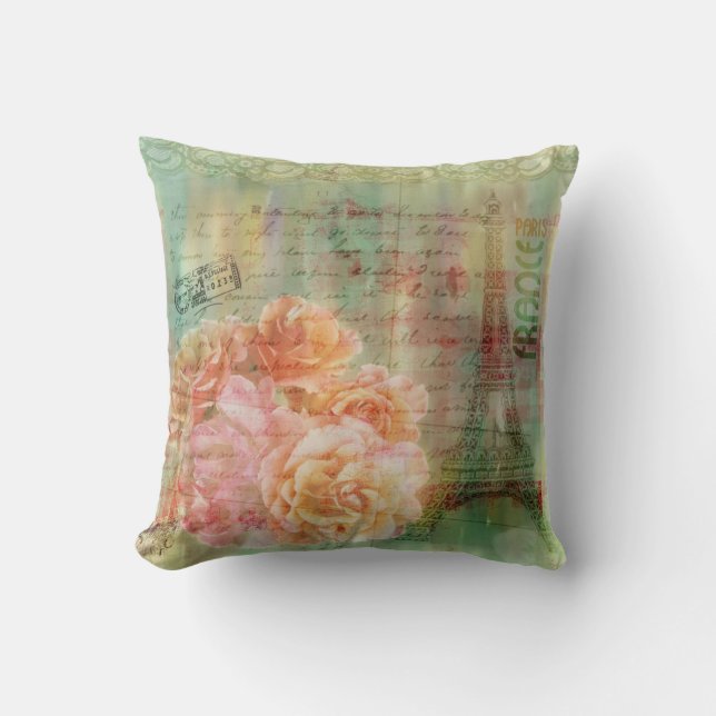 vis mangrönt dämpar med vintage collaged inslag kudde (Framsida)