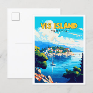Vis ö Kroatien vintage reseskiss illustration Vykort