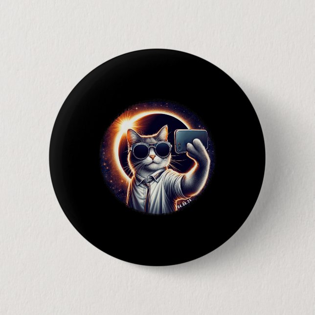 Visa amerikansk Totality 2024 Funny Selfie Cat Sol Knapp (Framsida)