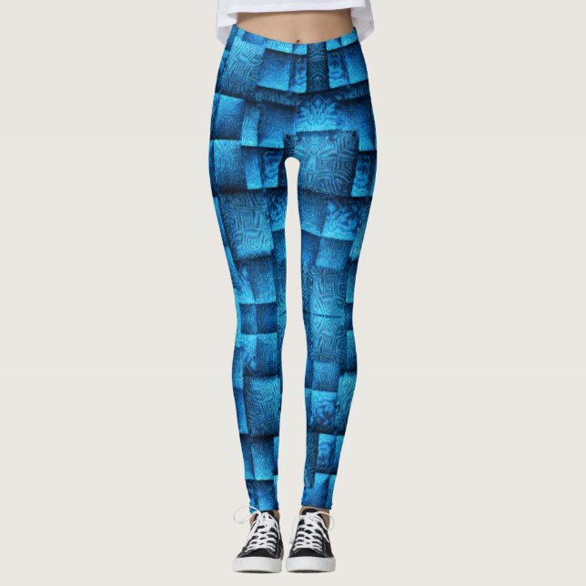 Visa blåa fyrkanter med abstrakt teckning leggings (Framsida)