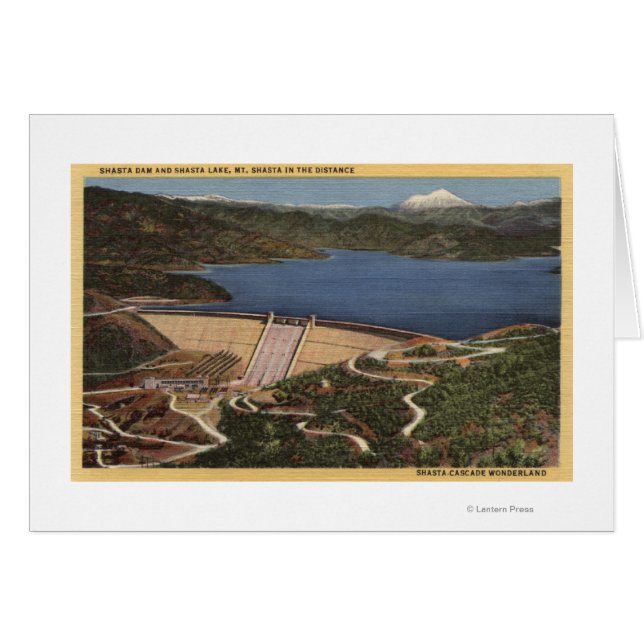 Visa Dam, Sjö och Mt. Shasta i Avstånd Hälsningskort (Framsidan Horizontal)