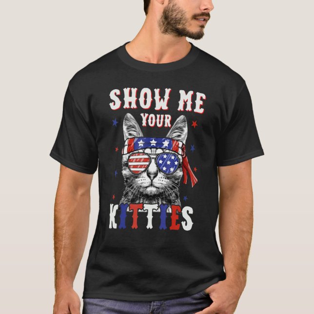 Visa din Kattunge-katt 4 juli amerikanska Flagga T Shirt (Framsida)