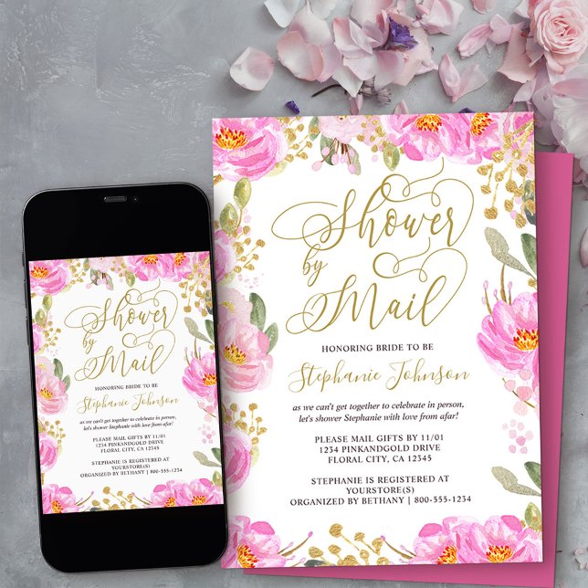 Visa efter Mail Calligraphy Rosa och Guld Blommigt Inbjudningar (Order professionally printed or as a diy printable invitation digital download)