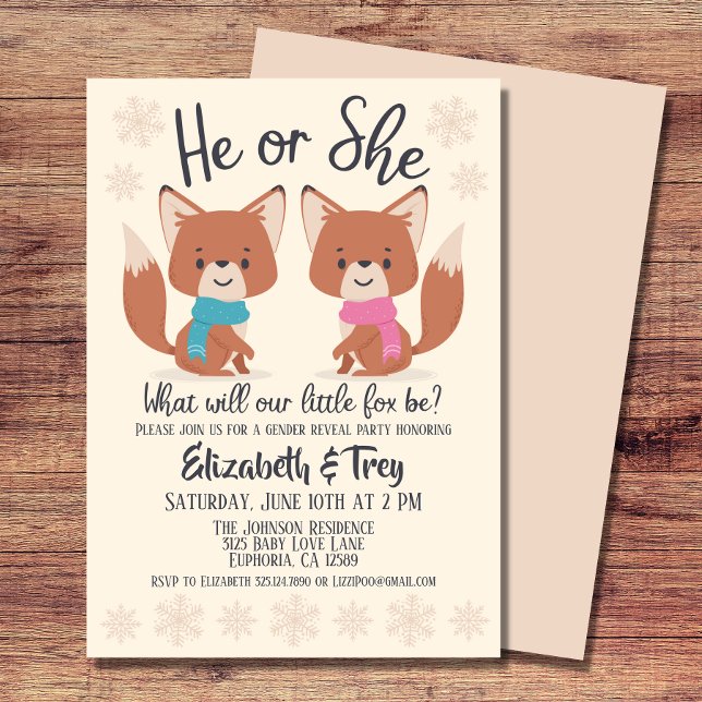 Visa Gender för Cute Winter Foxes Inbjudningar (Discover the gender of your little fox with these cute winter foxes gender reveal invitations. )