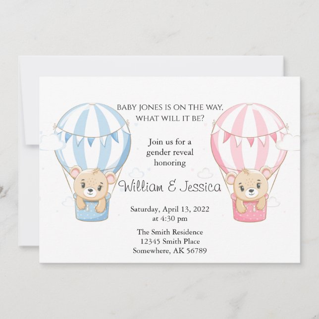 Visa Gender för nalle Luftballong Inbjudningar (Framsida)