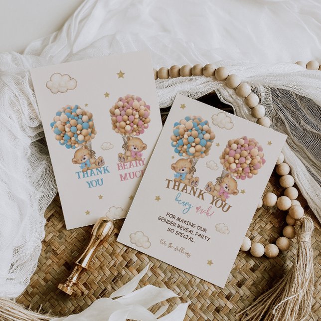 Visa Gender för nalle Rosa Blue Balloons  Tack Kort (Skapare uppladdad)