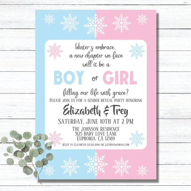 Visa Genderna Winter Snöflingor Inbjudningar (A simple snowflake themed invitation for a winter gender reveal.)