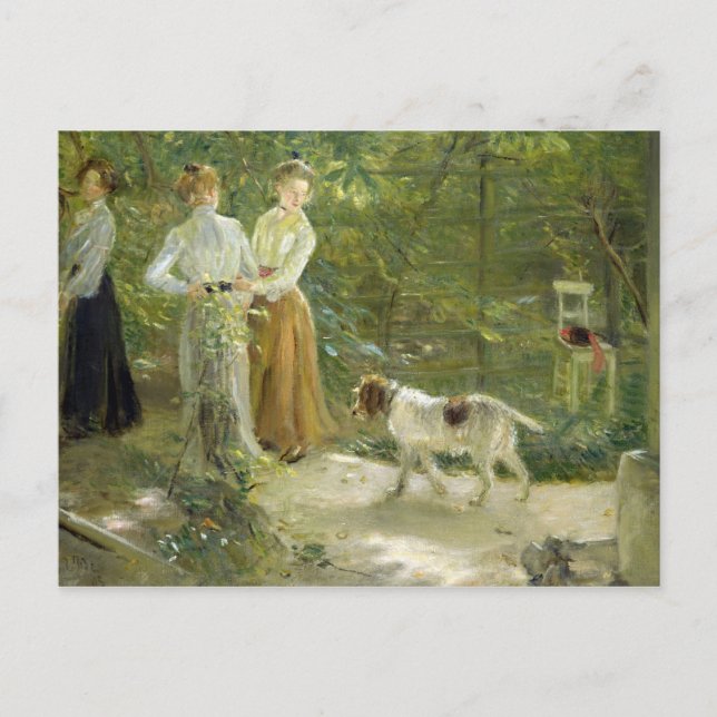 Visa konstnärens trädgård med sina döttrar vykort (Framsida)