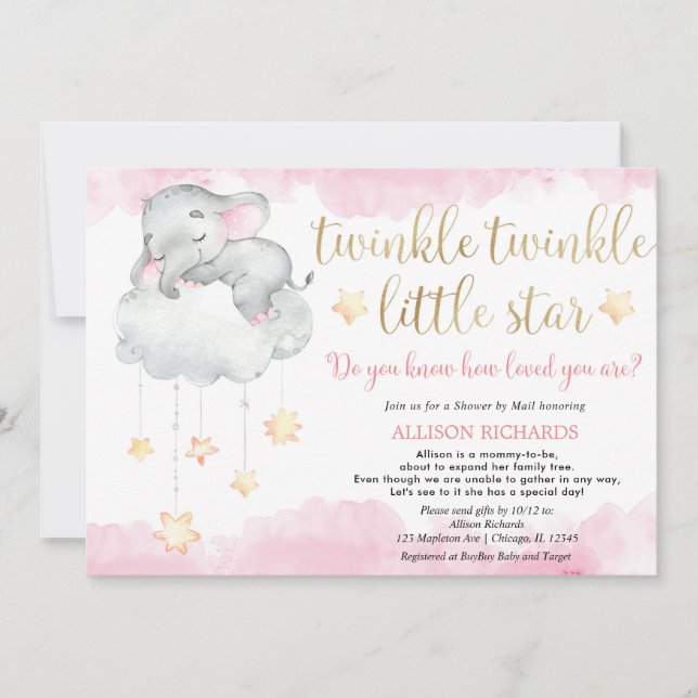 Visa med e-post Twinkle twinkle Little Star rosa Inbjudningar (Framsida)