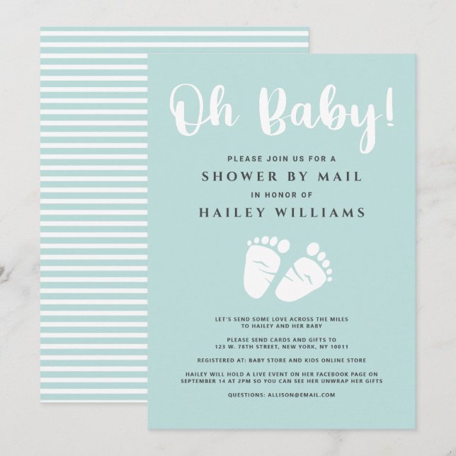 Visa med Mail Oh Baby Feet Light Mint White Inbjudningar (Fram/baksida)