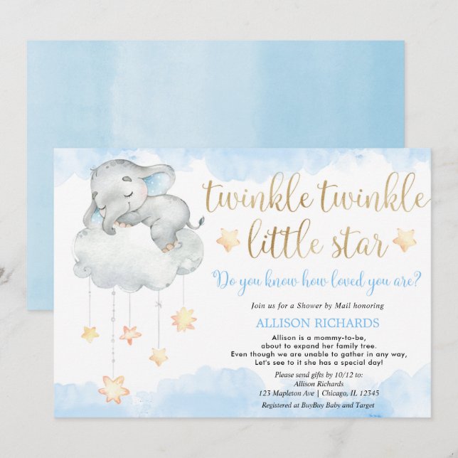 Visa med mail Twinkle twinkle Little star blue Inbjudningar (Fram/baksida)