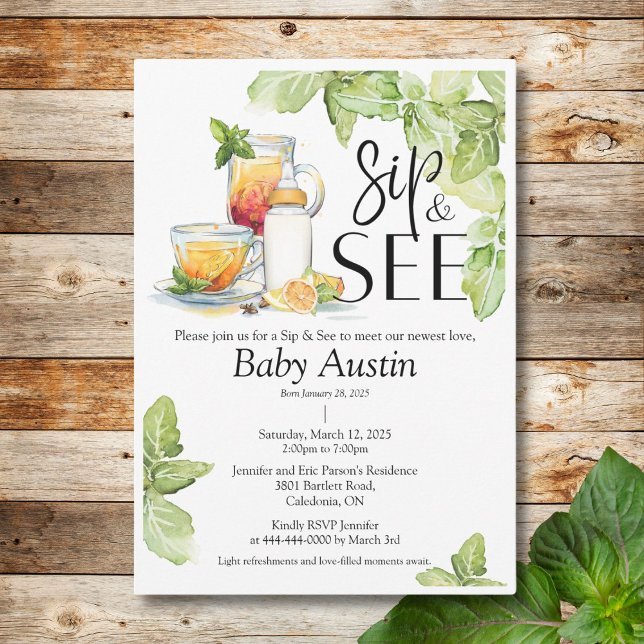 Visa och se Möt inbjudan till Baby (Invite friends and family to Sip and See your newest addition with this elegant and warm invite.)