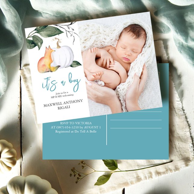Visa och visa inbjudningar till babyvisningsprogra (Sip and see fall baby shower for boy watercolor woodland fox and white pumpkin by Do Tell A Belle)