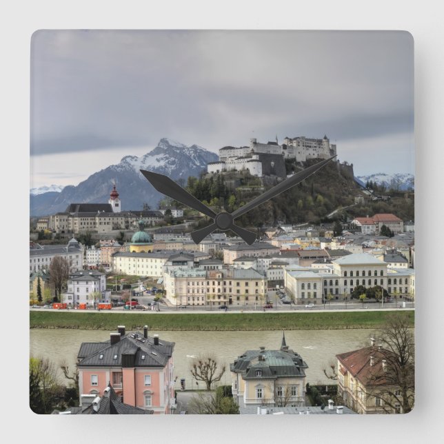 Visa över Salzburg Österrike Fyrkantig Klocka (Framsida)
