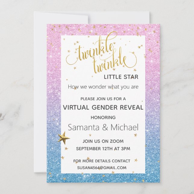 Visa Party för Twinkle Star Virtuella Glitter-Gend Inbjudningar (Framsida)