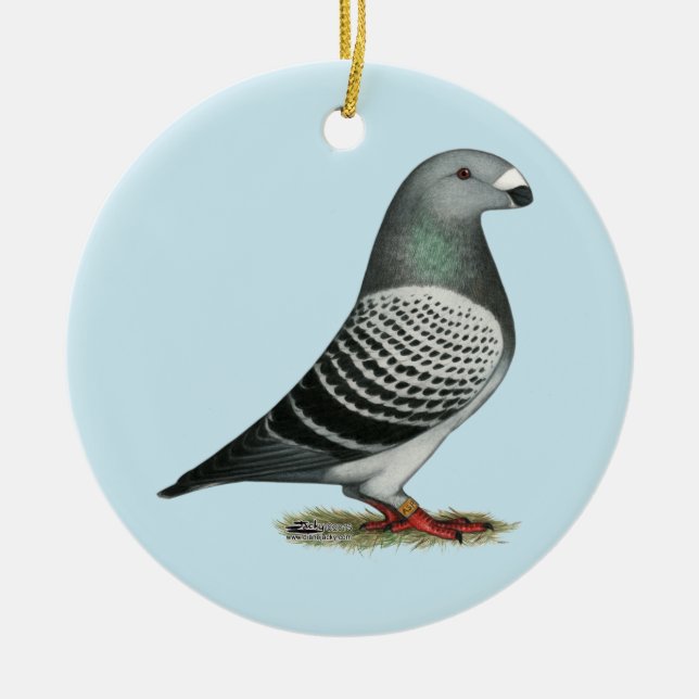 Visa Pigeon för Racer Blue Checker Julgransprydnad Keramik (Framsidan)