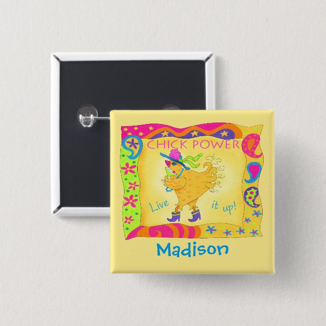 Visa Power Chick-brickan för Gult  Namn Knapp (Framsida & baksida)
