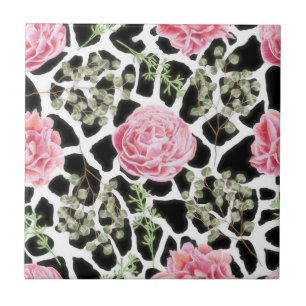 Visa svart och vitt med Rosa ros Kakelplatta
