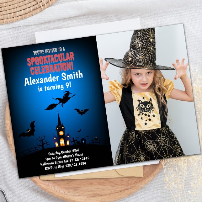 Visar Halloween-inbjudningar med foto Inbjudningar (Witches Halloween Invitations with photo)