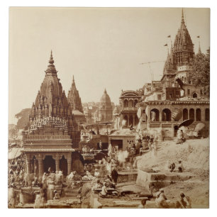 Vishnu Pud och andra tempel, Benares (sepiafoto Kakelplatta