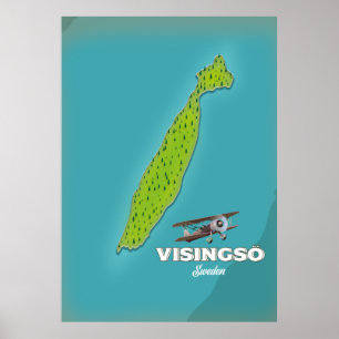 Visingsö Sverige vintage kart resa affisch. Poster
