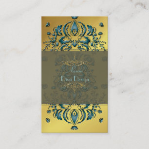 Visitenkort Blommig Damask Turkos guld Visitkort