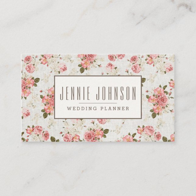 Visitkort för rosa rosvintageblommönster (Framsida)
