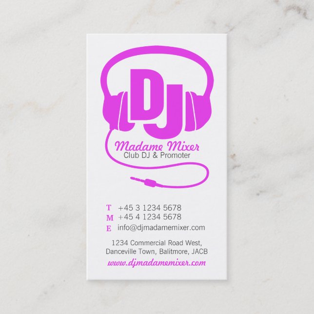 Visitkort för tillskyndare för rosa- & vitdamDJ (Framsida)
