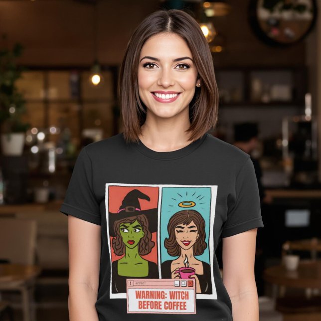 Viska före kaffets Tecknad av finare varningar T Shirt (Witch Before Coffee Funny Warning Comic Pop Art T-Shirt)