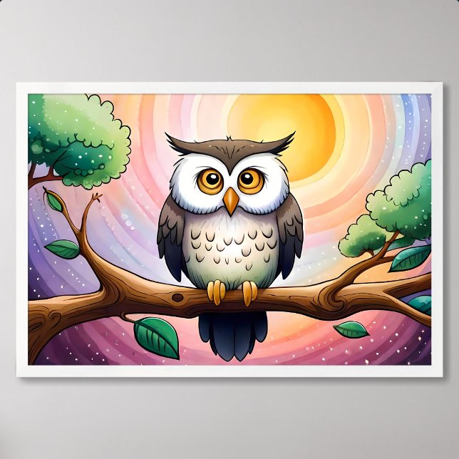 Viskare för färgning av Cute Uggla vid Måne och st Poster (owl painting moon star night twigs tree colorful)