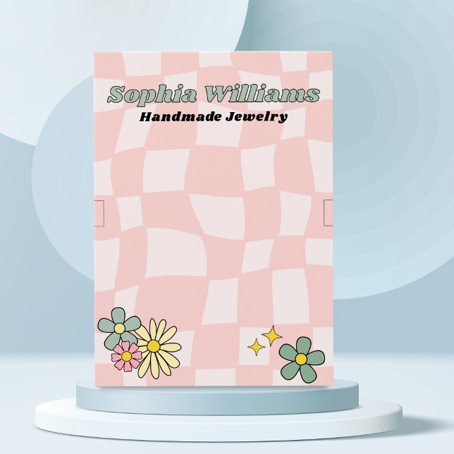 Visning av  av  för Retro Rosa Checker i armband (Fun and playful jewelry display card. Pink checker background. )